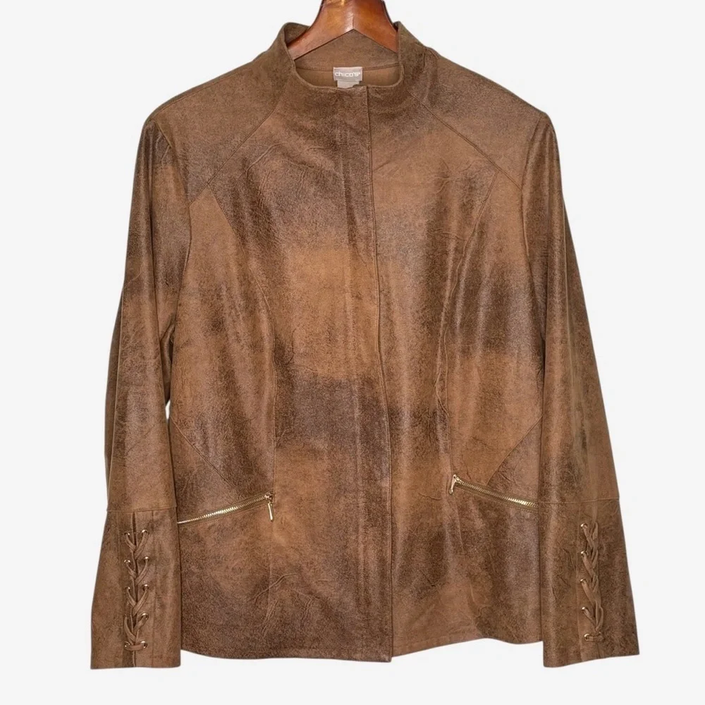 Chicos Faux Suede Moto Jacket US L 12/14 Lace Up Sleeve Details Brown Full Zip